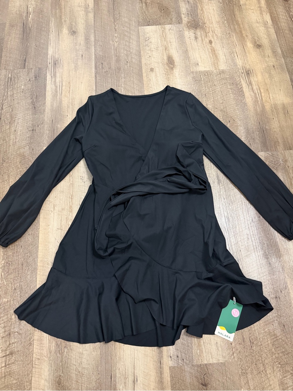 HALARA Black Long-Sleeve Wrap Dress with Ruffle Hem